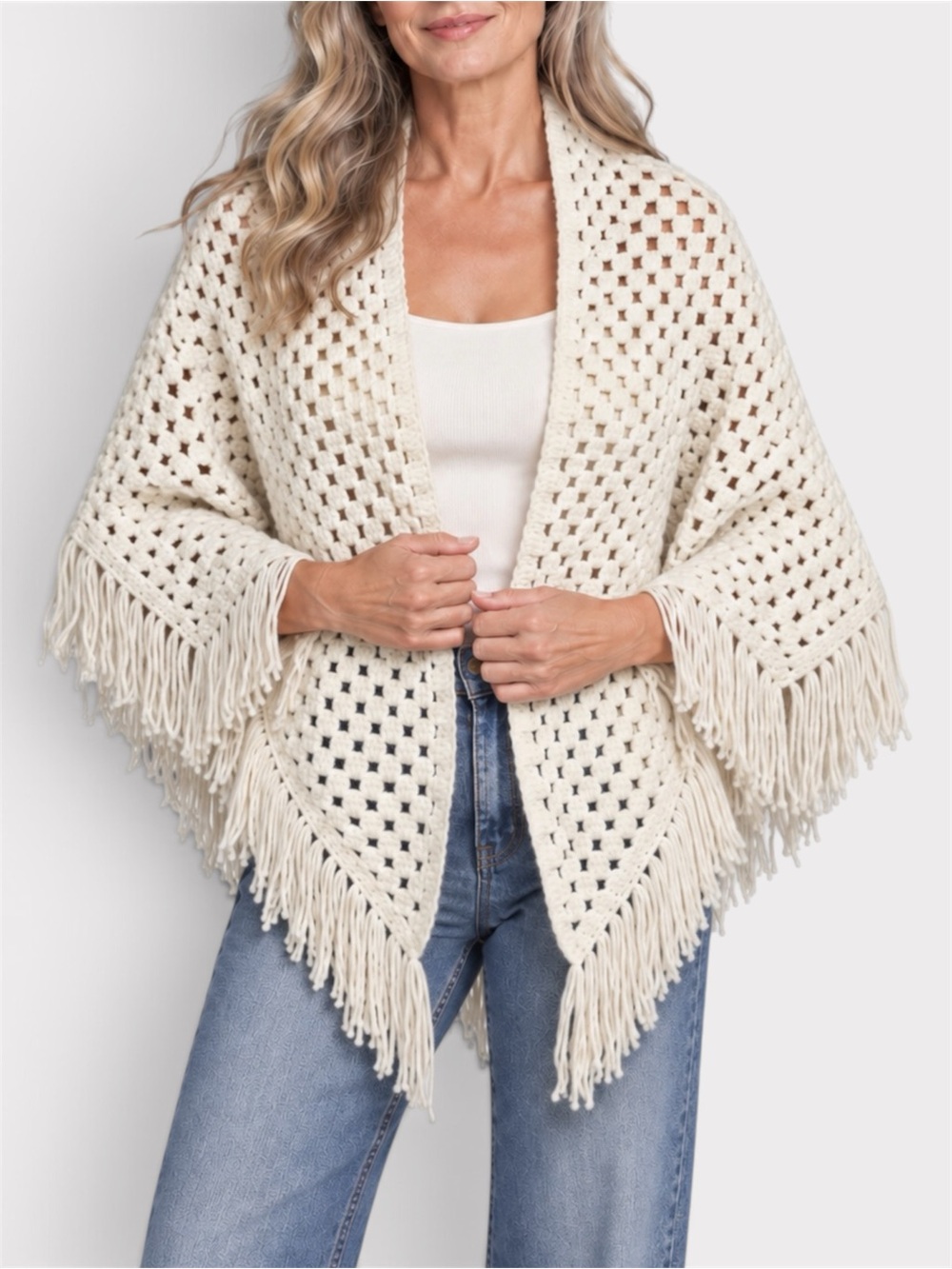Vintage Hand Crocheted Cream Fringe Triangle Shawl Wrap
